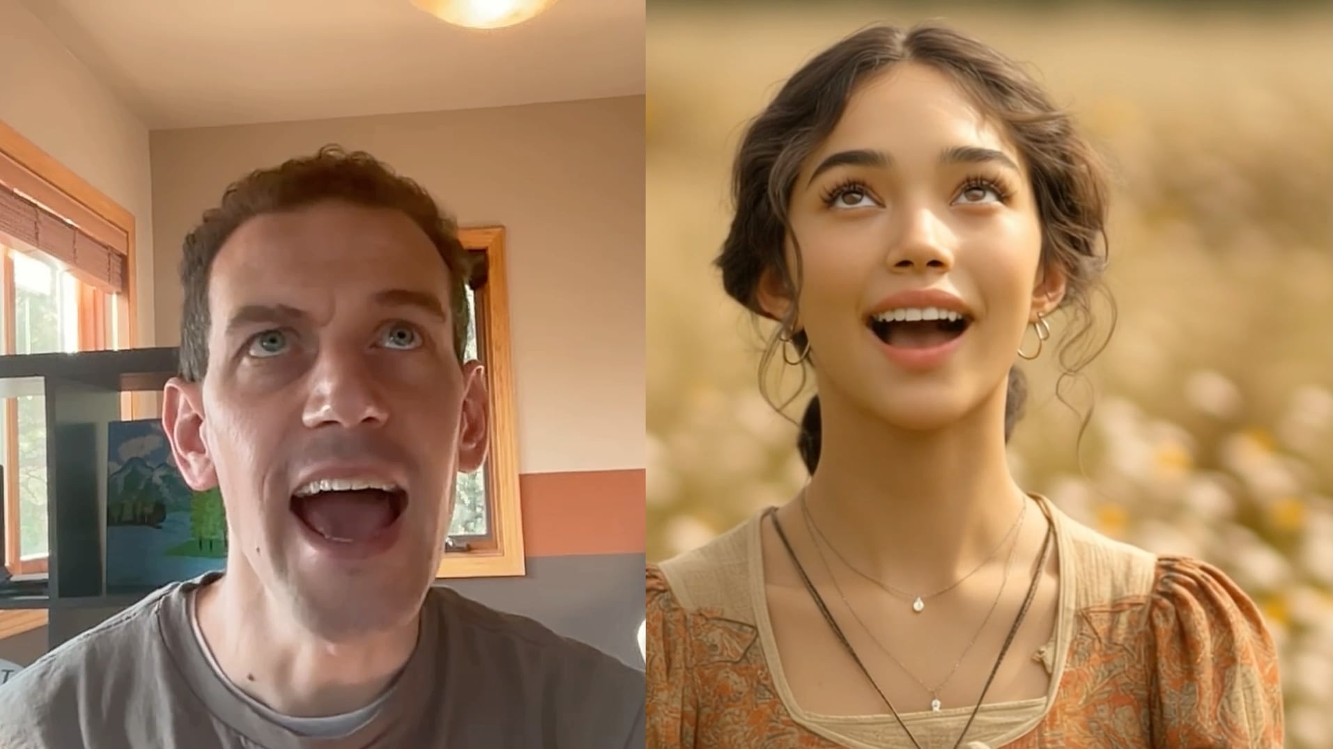 A split screen: Ryan pulling an open-mouthed expression to camera on the left, Maya wearing the same expression in a sunlit meadow on the right.